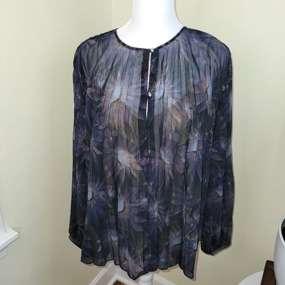 Vince Deco Blue Sheer Floral Pleated Blouse Top Women's S - Picture 2 of 13